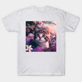 Cute Brown Kitten Floral Background | White, brown and grey cat with blue eyes | Digital art Sticker T-Shirt